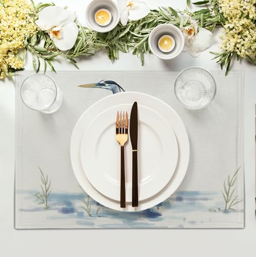 Coastal Placemats Set of 4 Summer Ocean Heron Place Mats 12x18 Inch Nautical Beach Sea Bird Pelican Table Mat Heat Resistant Non Slip Washable Linen Fabric Kitchen Dining Placemat