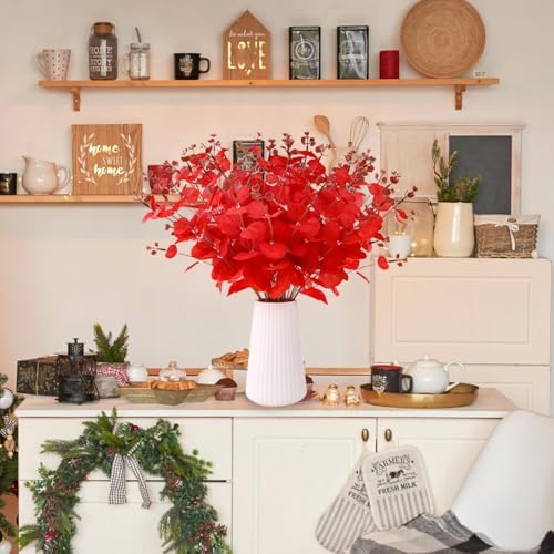 DIYDEC 18Pcs Christmas Artificial Flowers 2 Styles Red Xmas Eucalyptus Stems for Table Centerpieces Faux Eucalyptus Leaves Branches for Christmas Tree Home Party Decoration