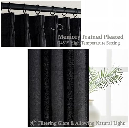 Pinch Pleated Black Sheer 96 Inch Curtains for Bedroom, Neutral Thick Linen Blend Pleat Light Filtering Sliding Door