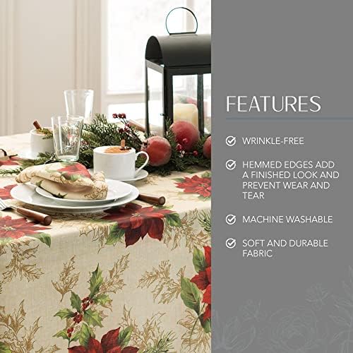Festive Poinsettia Holiday Fabric Tablecloth, Multicolor - 60" W x 102" L