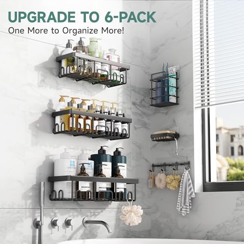 Veken Shower Caddy 6-Pack with Hooks, Bathroom Organizers & Storage, Black