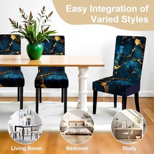 Luxury Marble Chair Covers for Dining Room – Stretch Blue and Gold Abstract Pattern Slipcovers – Modern Washable Seat Protector for Kitchen, Banquet, Office Decor, Set of 6