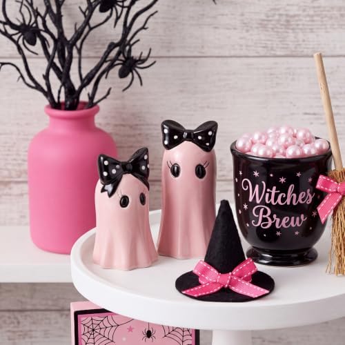 Set of 2 Halloween Ghost Figurines - Pink Ceramic Ghost Statue with Bowknot