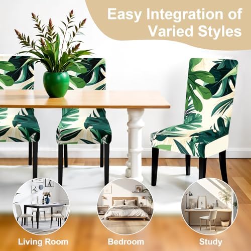 Tropical Leaf Chair Covers for Dining Room – Stretch Removable Washable Seat Slipcovers for Kitchen, Banquet, Wedding, Party – Modern Botanical Green Plant Print Decor,Set of 6