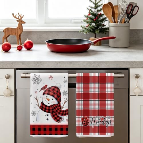 Hexagram Christmas Kitchen Towels, Red Plaid Christmas Hand Towels Set of 4