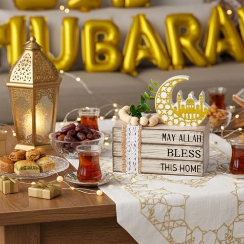 Eid Mubarak Decorations for Home Ramadan Decorations Wood Ramadan Mubarak Table Sign Golden Moon Eid Tiered Tray Sign for Islamic Muslim Table Indoor Shelf Office Gifts