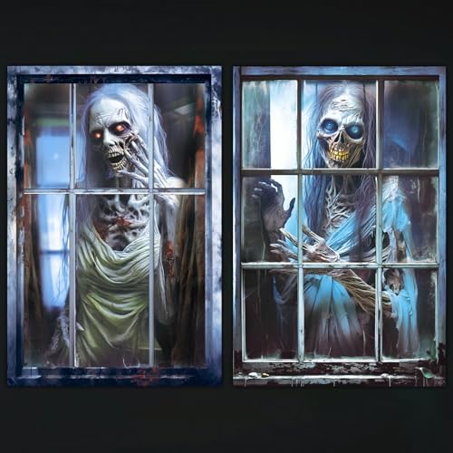 DIYASY 2 Pcs Halloween Window Cover, Scary Ghost Curtain Halloween Decorations for Hoom Indoor Outdoor Party Décor Wall Door Covers Posters Silhouette