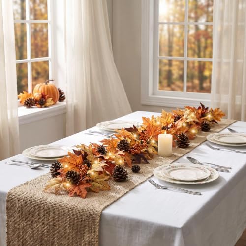 6FT Fall Garland with 30 Warm Lights & Timer & Gradient Maple Leaves