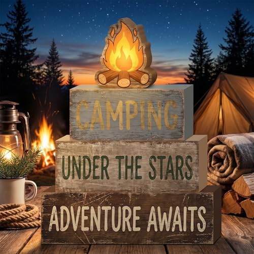 Britimes Tiered Tray Decor Set, 4 Pack, Wooden Table Sign, Camping Camper