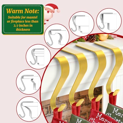Christmas Stocking Holders For Mantle Set 4, Non-Slip Gold Fireplace Hooks