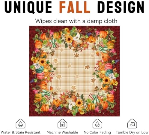 Fall Plaid Square Tablecloth 52x52 Inch, Stain Resistant Washable Fabric Autumn Harvest Pumpkin Table Cloth Square Fall Tablecloth Table Cover for Kitchen Dining Party