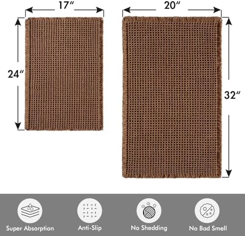 MIULEE Set of 2 Waffle Bathroom Rugs Boho Bath Mat Mocha 17"x24"+20"x32"