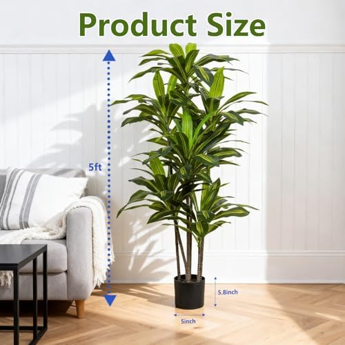 5ft Dracaena Artificial Plant - Large Tropical Indoor Fake Tree with Lifelike Leaves - Tall Faux Floor Plant in Pot for