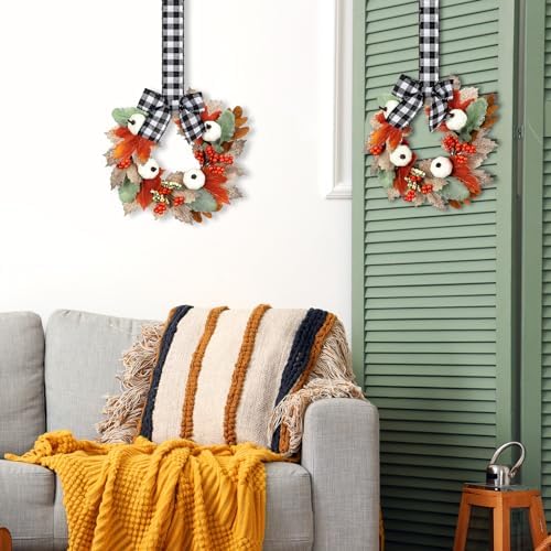 Syhood 2 Pcs 9 Inch Small Fall Wreath for Cabinet Mini Fall Wreath