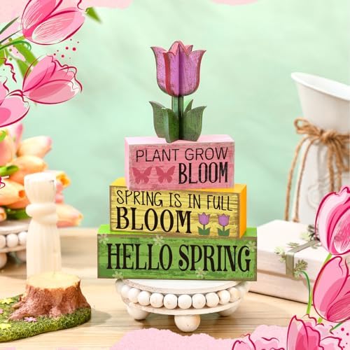 Moucuny 4 Pcs Spring Wood Block Signs Tiered Tray Decor Farmhouse Table