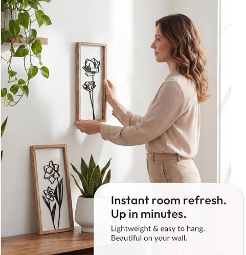 3D Black and White Wall Art (Set of 2) Lightweight, Wooden Ready-to-Hang Framed Floral Wall Art for Bathroom, Bedroom