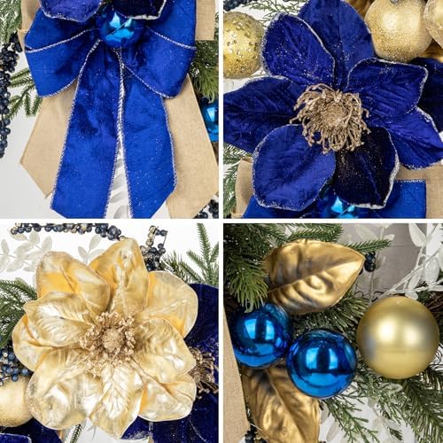 24" Christmas Wreath for Front Door with Blue Magnolia Artificial & Berries
