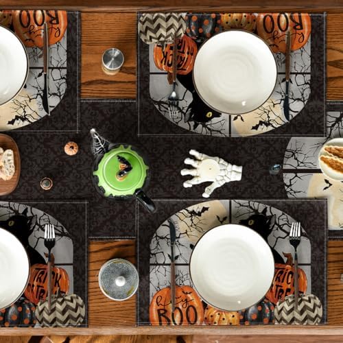 Artoid Mode Boo Black Cat Pumpkins Halloween Placemats Set of 2, Trick Or Treat 12x18 Inch Seasonal Fall Holiday Table Mats for Party Kitchen Dining Decoration