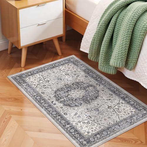 Washable 2x3 Entryway Area Rug: Vintage Soft Thin Door Mat with Non Slip Backing Water Resistant Carpet for Bedroom Low