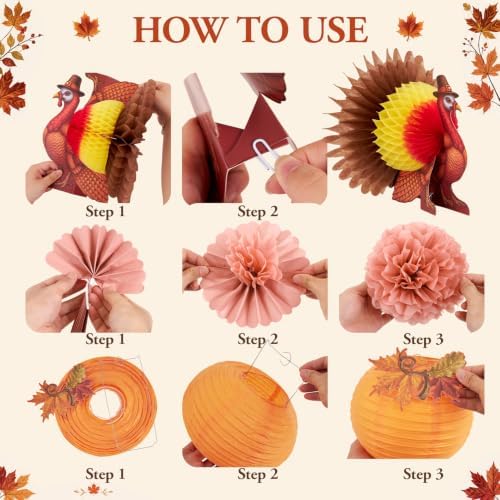 SUNBEAUTY Fall Thanksgiving Decoration Honeycomb Turkey Pumpkin Table Decor Paper Pom Poms Pumpkin Lantern Maple Leaf Garland for Fall Friendsgiving Thanksgiving Autumn Harvest Party Supplies