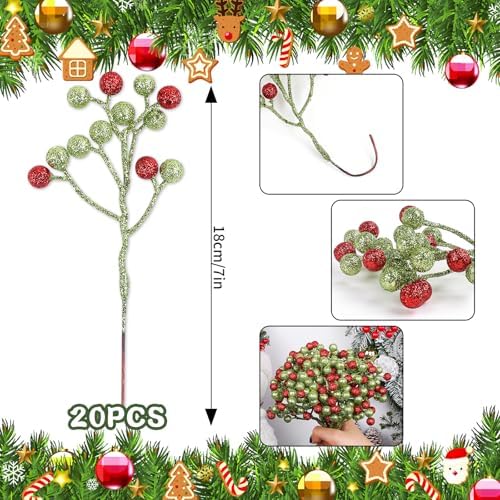 Fangoo 20 Pack 7 Inch Artificial Green Red Berry Picks for Christmas Tree Burgundy Green Red Berries Stems Holly Berry Branches Ornaments Wreath Crafts Wedding Holiday Season Winter Home Decor