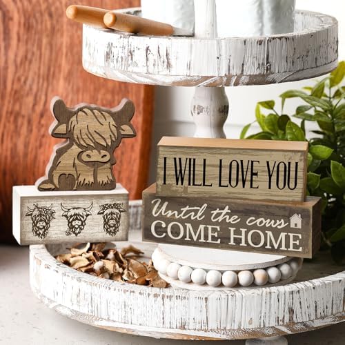 Moucuny 4 Pcs Highland Cow Table Decorations Cow Wooden Signs