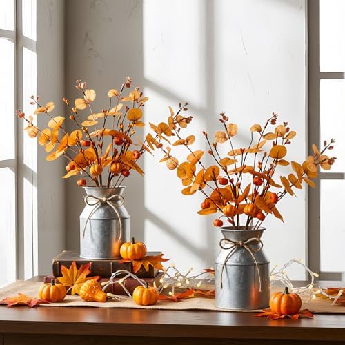 Thiccywoov 2 Set Thanksgiving Fall Table Centerpiece Decorations Artificial Orange Pumpkins Eucalyptus with Metal Vase Faux Pumpkins Plants in Pots for Autumn Harvest Party Home Dining Table Decor