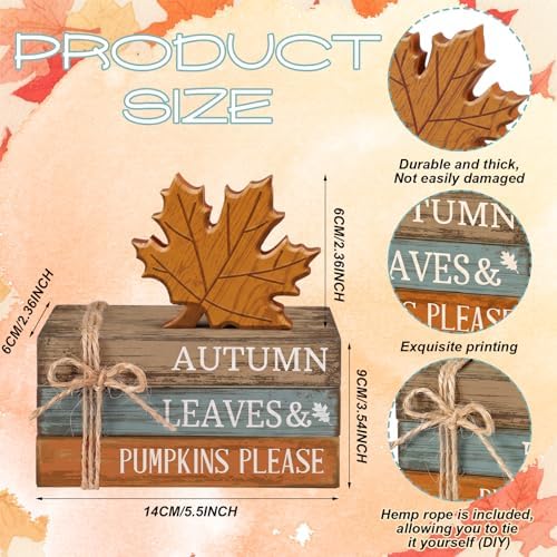 4 Pcs Fall Decorations for Home, Maple Leaf Book Stack Block Sign