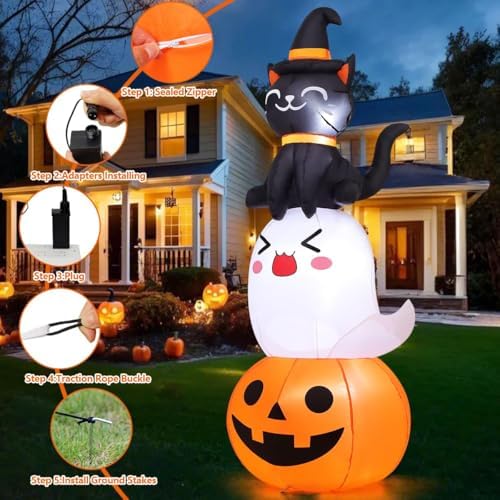 COMIN 6 FT Halloween Inflatables Pumpkin Ghost Cat Combo Outdoor Decorations Blow Up Yard with Built-in LEDs for Indoor Party Garden Lawn Decor
