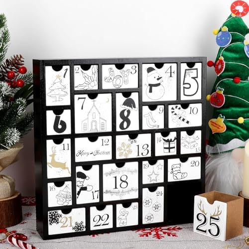 CCINEE Christmas Wooden Advent Calendar with 25 Large Drawers, Countdown to Christmas Decoration Large Size Xmas Countdown Calendar 2024 Hand Painted Refillable Advent for Holiday Decoration(Black)