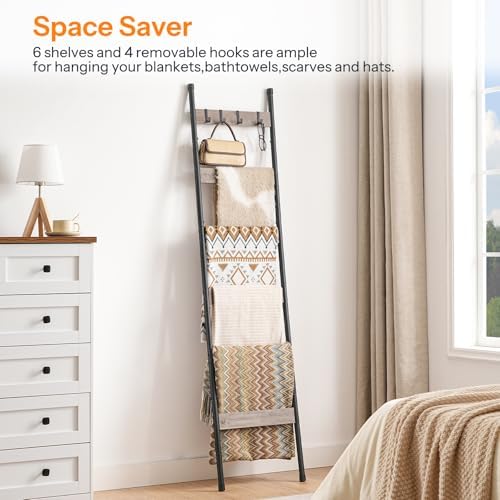 HOOBRO Blanket Ladder, 6-Tier Towel Rack with Hooks, Wall-Leaning Blanket Rack, Decorative Display Ladder Shelf