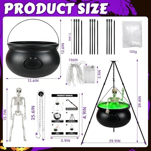 Halloween Decorations Outdoor, 12.6” Large Witches Cauldron Kettle on Tripod with Skeleton, LED Lights, Black Plastic Cauldron Candy Bowl Bucket Decoration for Yard Home Porch Outside Decor