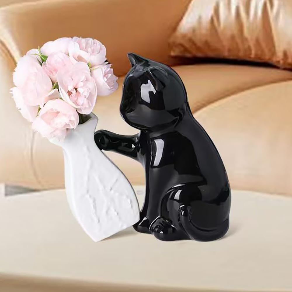 Cat Figurines Statue Figurine Ceramics Cat Decor Home Office Desk Decor Gift for Cat Lovers / Black