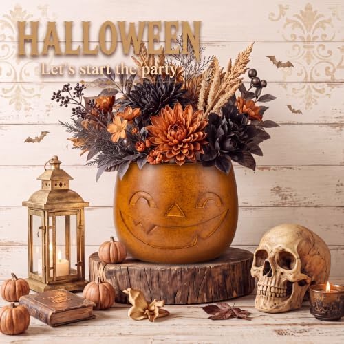 2 Pcs Halloween Terracotta Jack-o'-Lantern Pumpkin Bucket Vase Decor