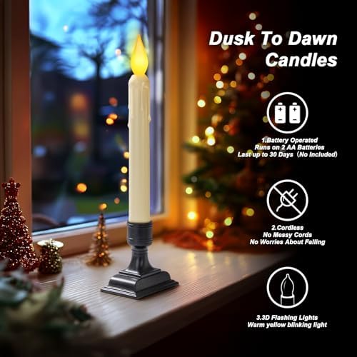 6 Pcs Sensor Dawn to Dusk Window Candles, Flickering Battery Candles for Windows, Ultra Bright Fake Candle Lights with Black Holders, Led Candlesticks for Xmas Home Decor, Warm Yellow Light