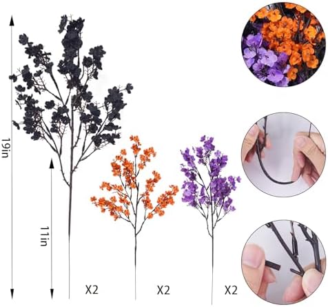 Uieke 6 Pcs Halloween Artificial Baby's Breath Flowers, Black & Purple & Orange Faux Gypsophila Flowers, Real Touch Silk Flowers for Cemetery Decor, Haunted House Party, Spooky Centerpieces