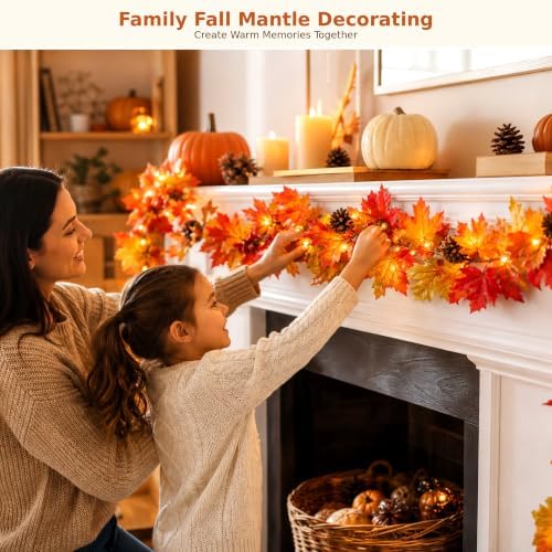 Fall Decorations for Home 9FT Lush Fall Garland with Lights Plug in, 50 Orange Bulbs Fuller and Thicker Fall Leaves