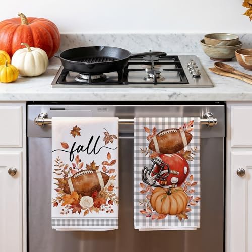 Bonsai Tree Fall Kitchen Towels, Fall Football Decor, Plaid Hand Towels