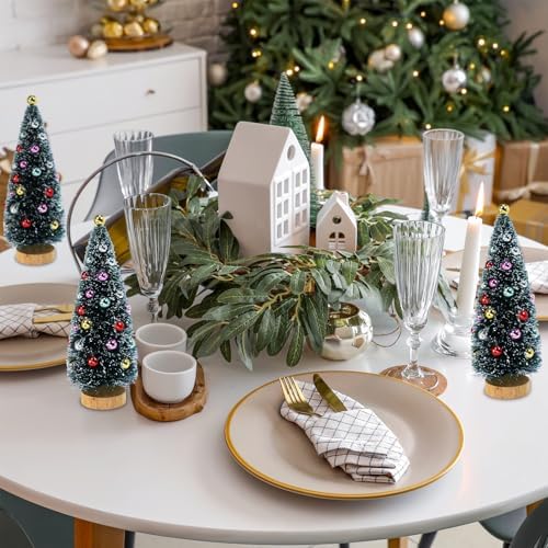 Winlyn 6 Pcs Mini Tabletop Christmas Trees 6.3 Inch Frosted Green Bottle Brush Trees with Wood Bases Small Sisal Trees with White Snow and Ornaments for Winter Christmas Holiday Decor Tiered Display