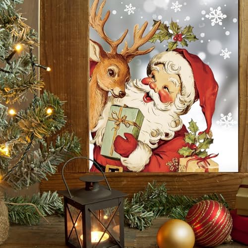 Whaline 4 Sheets Large Christmas Window Clings Santa Reindeer Holly Berry Bell Window Stickers Double-Sided Glass Decals for Winter Xmas Home Classroom Office Party Decoration