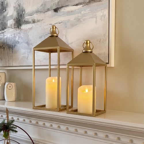 Decorative Candle Lanterns Indoor, 2 Pcs Gold Metal Lanterns with Candles