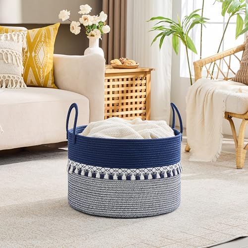 KAKAMAY Large Blanket Basket with Handles, Storage Basket for Living Room