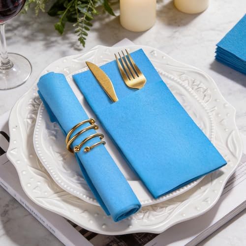 KAMMAK Napkins Disposbale 100 Pack Sky Blue Cloth like Paper Dinner Napkins with Pocket Folded Wedding Napkin Guest Hand Towels for Party Reception, Bathroom, Kitchen, Restaurants (16.5 x 16.5 inch)