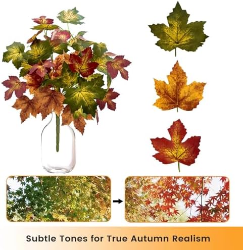Daily Treasures 2Pcs Artificial Maple Leaves Branches,17.7in Artificial Autumn Decorations,Fake Fall Leaves Stems,Fake Plants Fall Decor for Thanksgiving,Halloween,Outdoor,Home,DIY(Green-Yellow-Red)