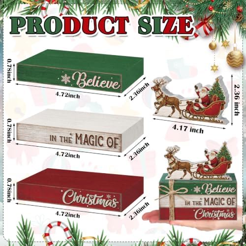Geelin 4 Pcs Christmas Tiered Tray Decor Wooden Book Stack Signs, Believe in the Magic of Christmas Farmhouse Rustic Table Centerpiece for Shelf Coffee Bar Mantel, Home Decorations Gifts