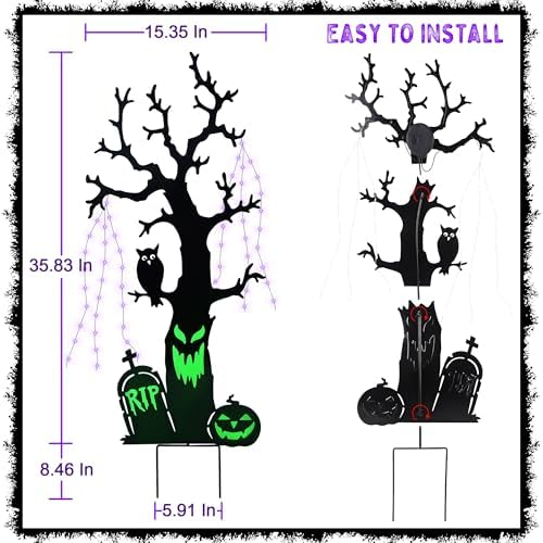 Solar Halloween Yard Decorations, 43 Inch Outdoor LED Solar Powered Haunted Tree Stakes Halloween Outdoor Decorations, Metal Spooky Tree Garden Stakes Lawn Yard Ornament