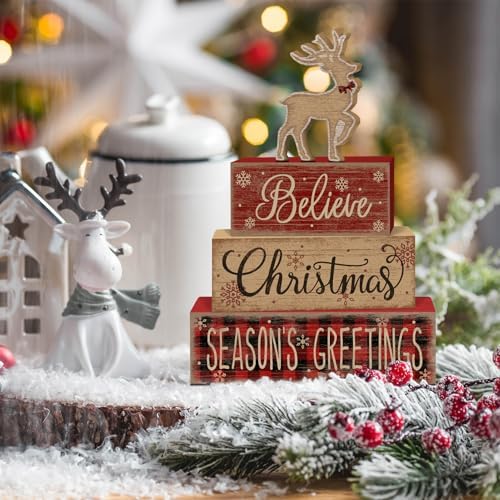 Britimes Tiered Tray Decor Set, 4 Pack, Wooden, Farmhouse Rustic Reindeer