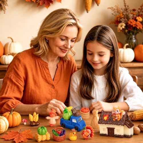 50Pcs Fall Thanksgiving Mini Resin Figures Fall Village Miniature Thanksgiving Farm Figurines Autumn Tiny Little Ducks Turkeys Pumpkins Bulk for Harvest Home Table Garden Dollhouse DIY Craft Decor