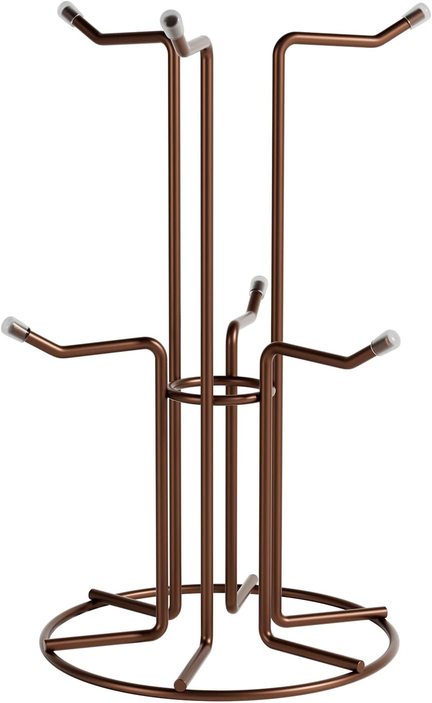 HULISEN Mug Tree for Large Cups, 6 Hook Countertop Coffee Mug Holder, Brown | Cup Rack for Counter, Stable Wide Base