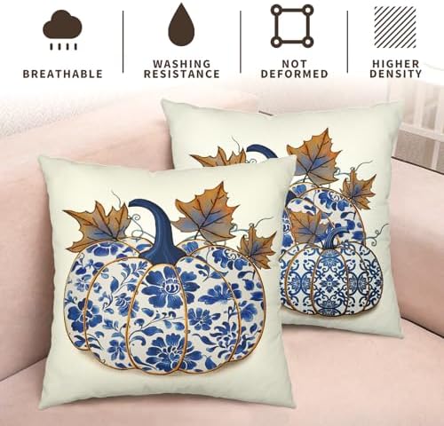 Fall Chinoiserie Pillow Covers 18x18 Set of 2 Blue and White Porcelain Pumpkin Leaf Flowers Autumn Outdoor Throw Pillows Thanksgiving Harvest Pillowcase for Sofa Couch Decor